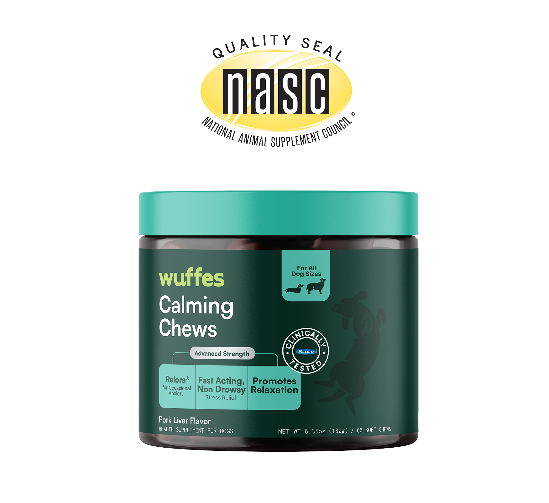 Container of calming chews for dogs with teal lid and labels highlighting fast acting, non-drowsy formula.