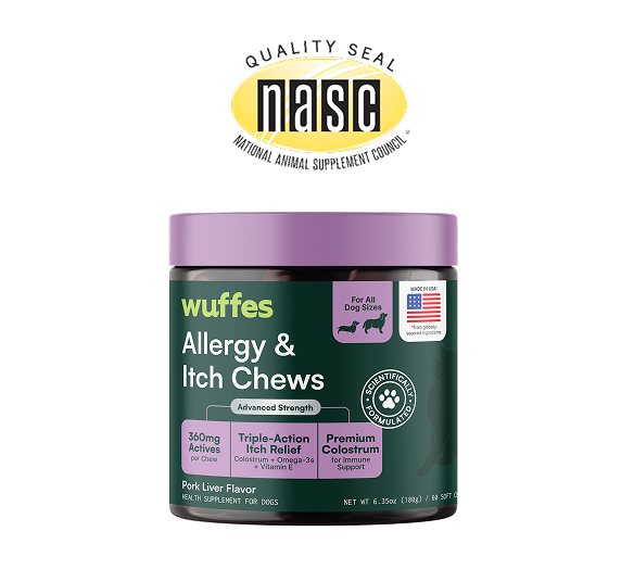 Container of dog allergy and itch chews with purple lid and green label showing product features