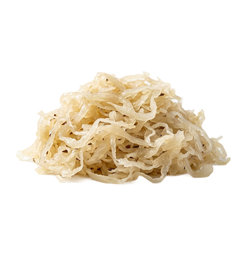 Pile of thin, translucent beige shredded material on a white background