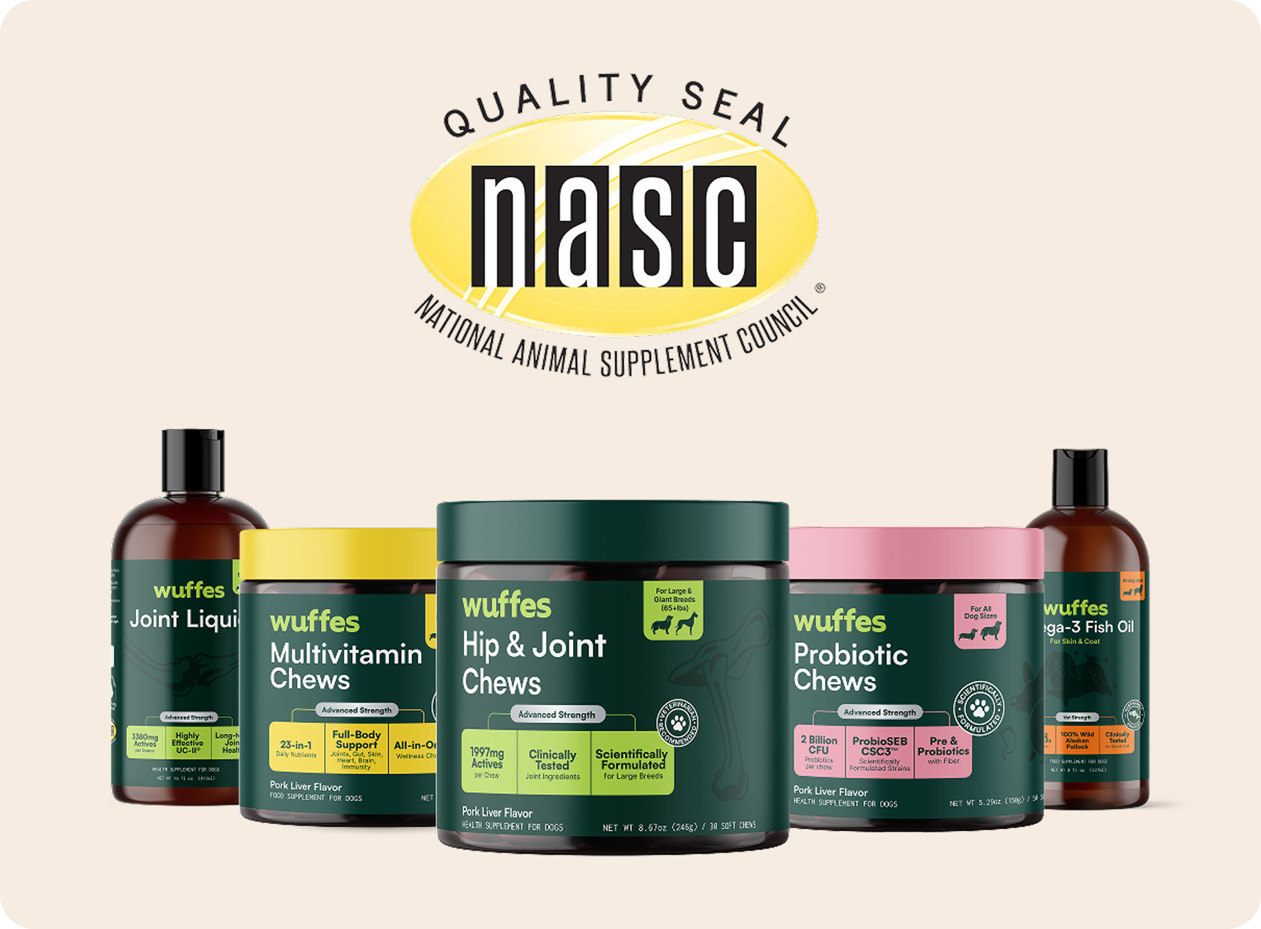 NASC quality seal above various Wuffes dog supplements including joint chews and probiotic chews