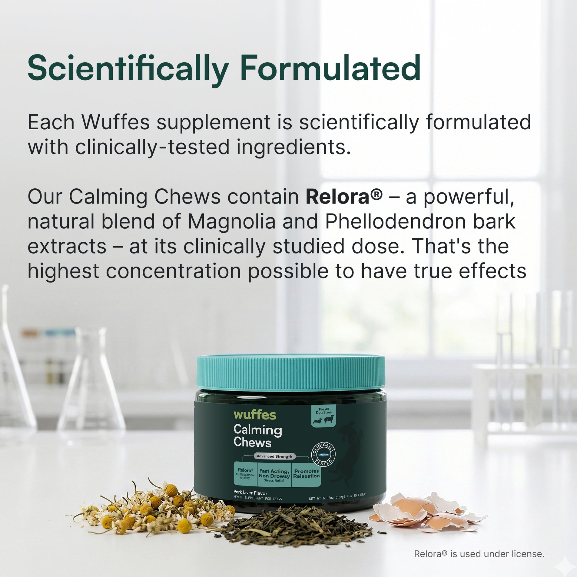 Wuffes Calming Chews jar with natural ingredients and calming supplement text on white background