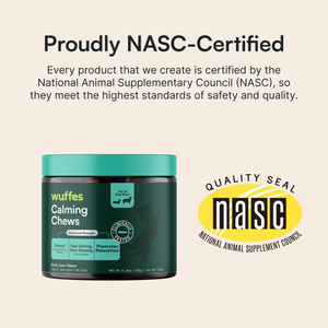 Jar of Wuffes Calming Chews for dogs alongside NASC quality certification seal and text about safety standards