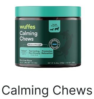 Container of wuffes calming chews for dogs with fast acting, non drowsy formula promoting relaxation