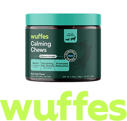 Container of calming chews for dogs with calming and relaxation benefits shown on label.