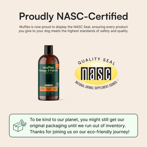 Bottle of Wuffes Omega-3 Fish Oil next to NASC quality seal with eco-friendly packaging message