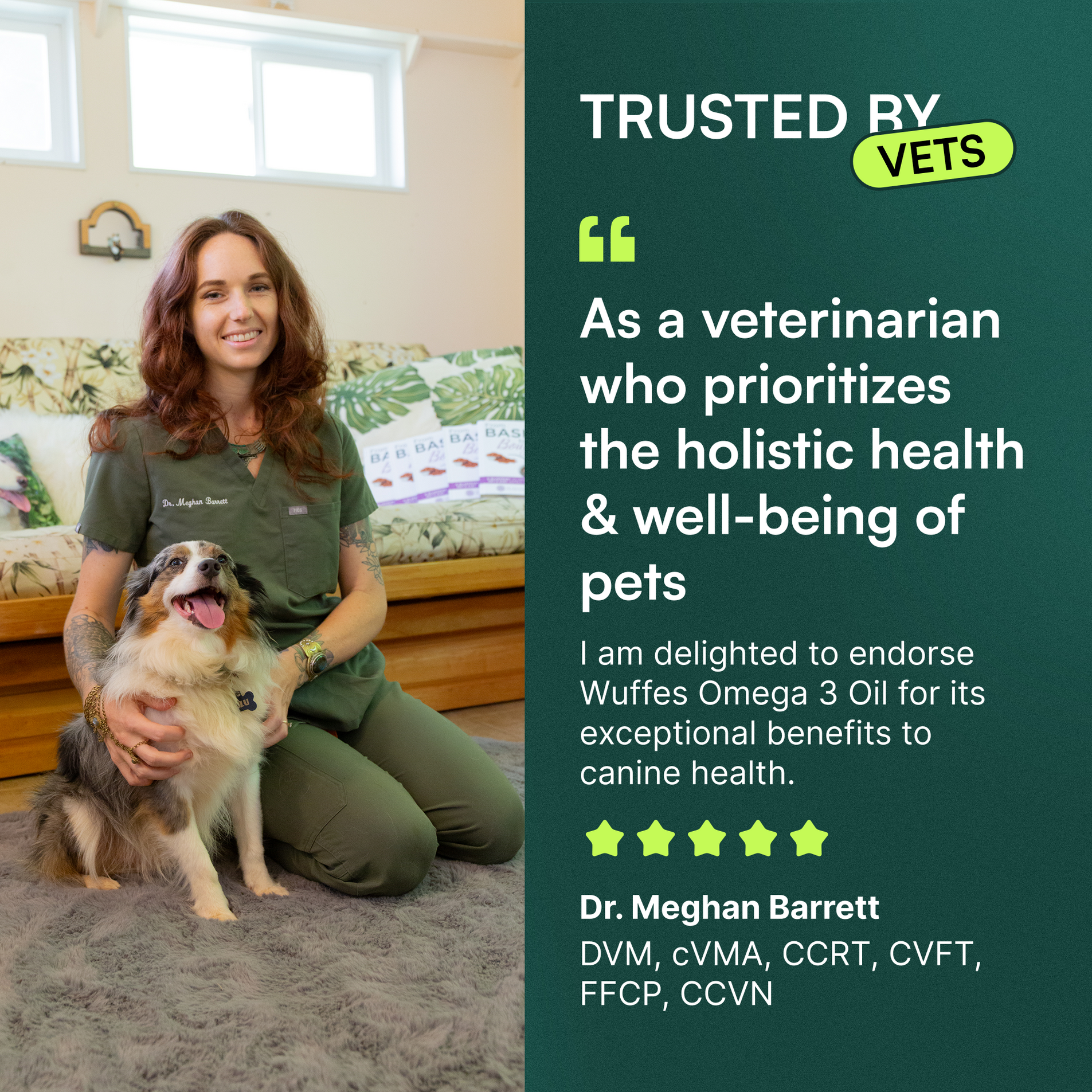 Veterinarian sitting with a happy dog, endorsing Wuffes Omega 3 Oil for pet health.