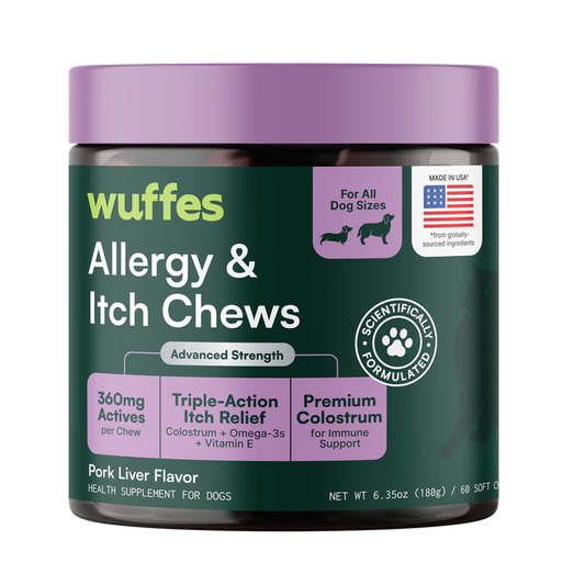 Container of dog allergy and itch chews with purple lid and detailed supplement information label