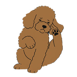 Illustration of a brown puppy sitting and grooming its paw with its tongue visible