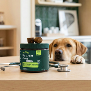 Container of hip and joint chews for large dogs on table with a dog and stethoscope nearby