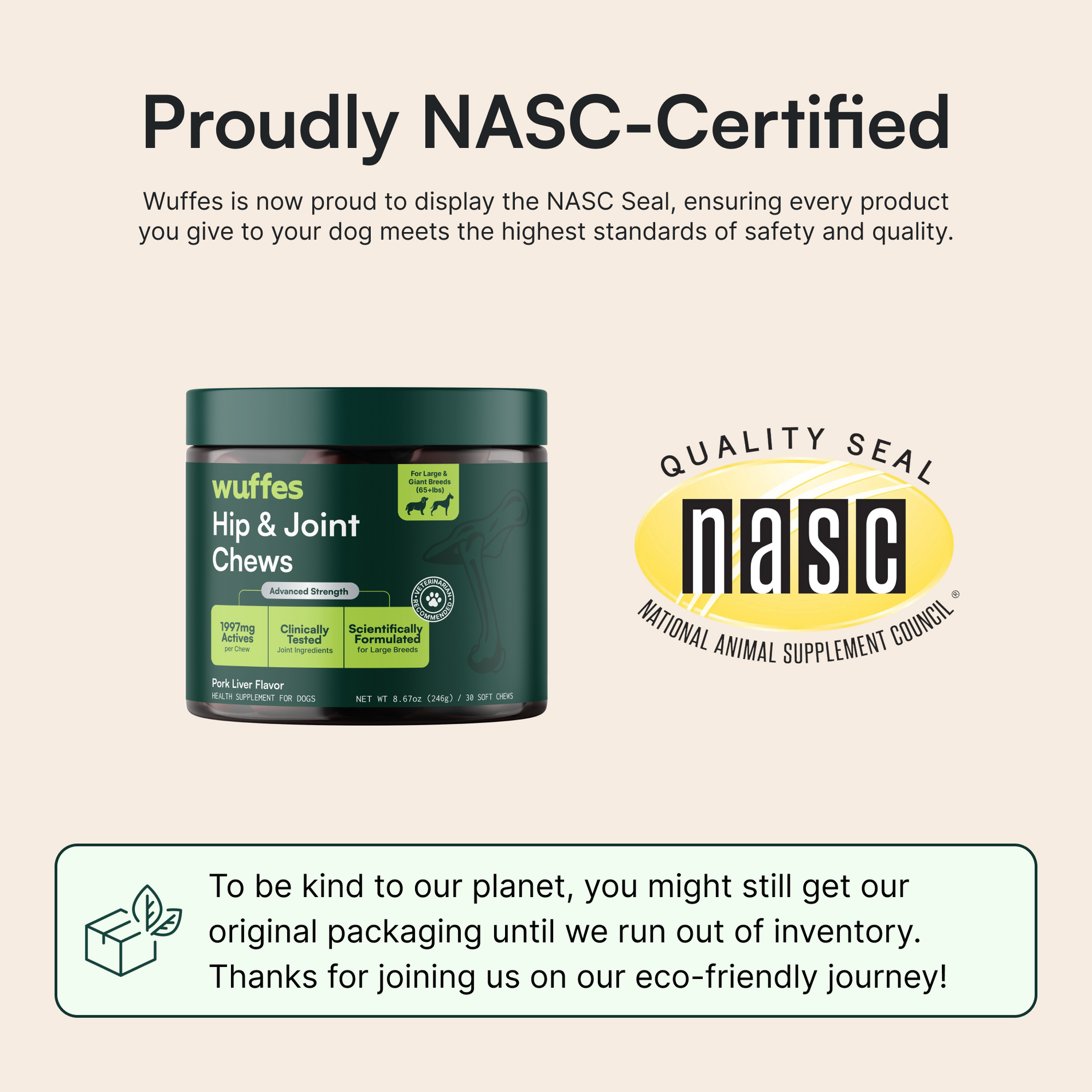 Container of Wuffes hip and joint chews for dogs alongside the National Animal Supplement Council quality seal logo.