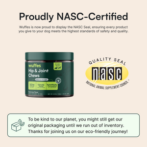 Container of Wuffes hip and joint chews for dogs alongside the National Animal Supplement Council quality seal logo.