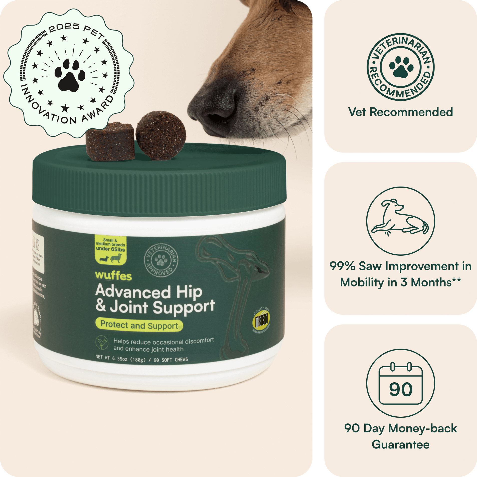 Dog sniffing advanced hip and joint support chews container with award and vet icons