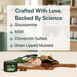 Text highlighting glucosamine, MSM, chondroitin sulfate, and green lipped mussels ingredients on kitchen background