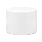 Plain white round plastic container with screw-on lid on a white background