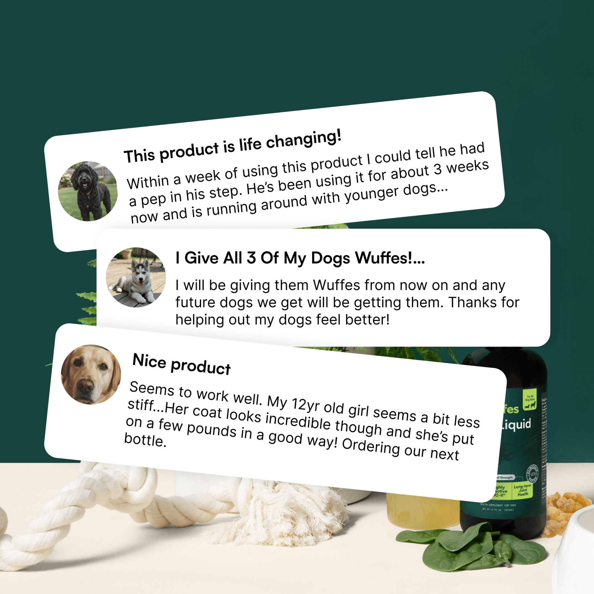 Customer reviews praising a dog joint health supplement alongside a bottle and dog toys.