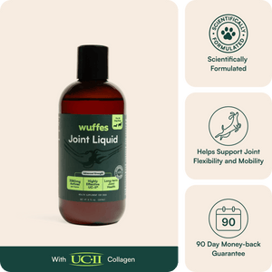 Bottle of Wuffes Joint Liquid supplement with icons for formulation, joint support, and guarantee
