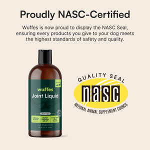 Bottle of Wuffes Joint Liquid supplement beside the NASC quality seal logo and certification text