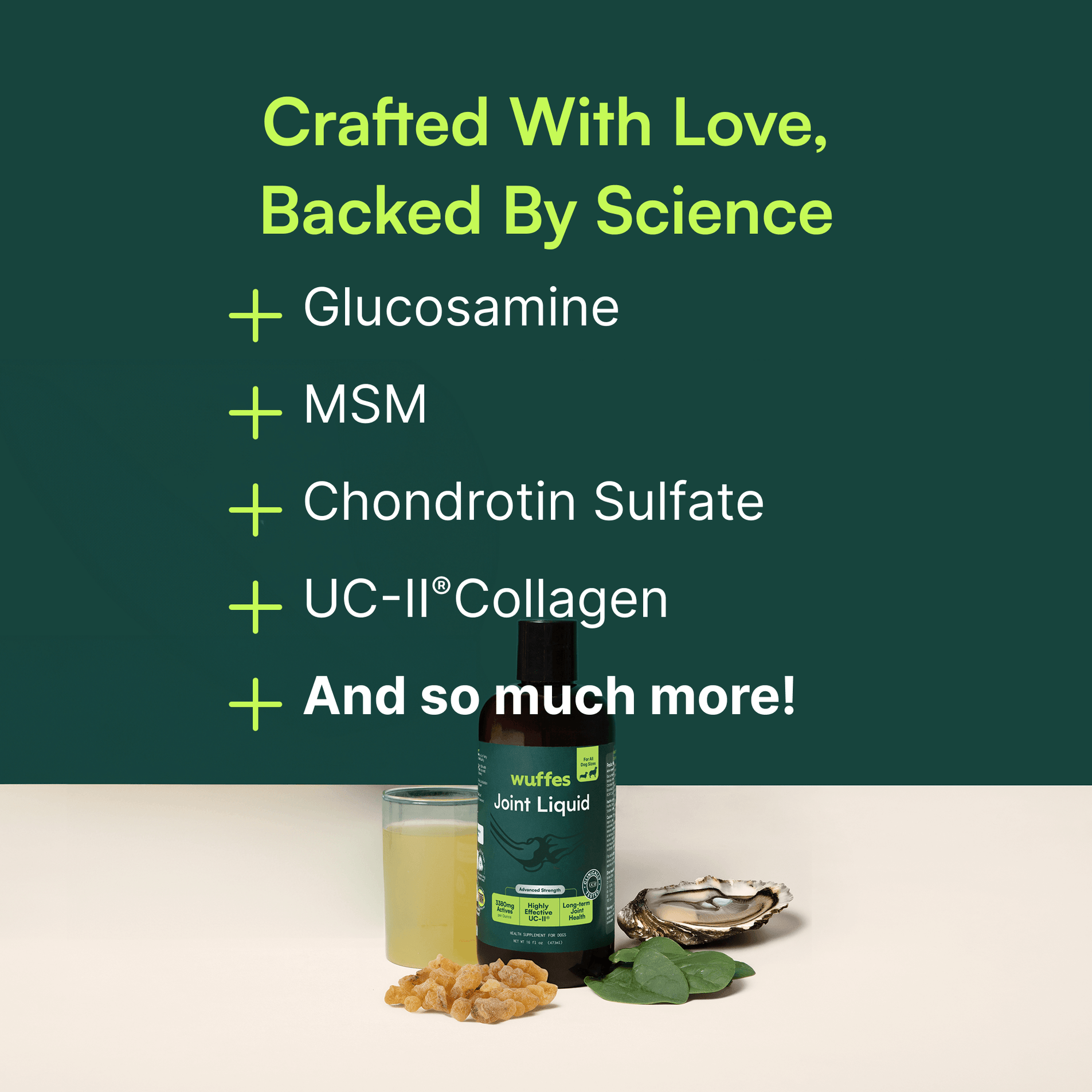 Bottle of joint liquid supplement with ingredients and a glass of yellow liquid on beige surface