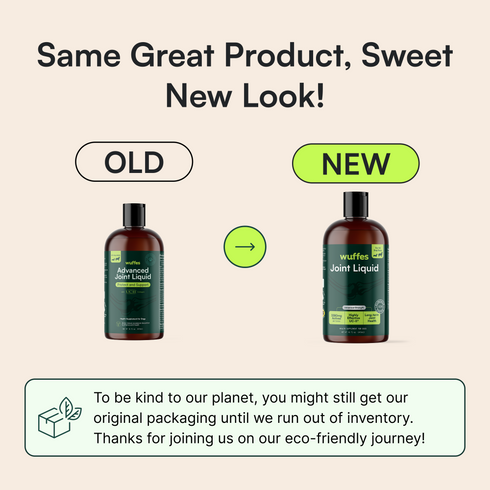 Comparison of old and new packaging design for Wuffles Joint Liquid supplement bottles.