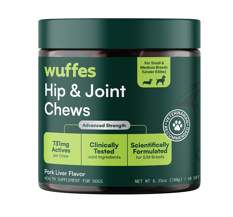 Dark green container of wuffes hip and joint chews for small and medium dogs with clinical and scientific labels