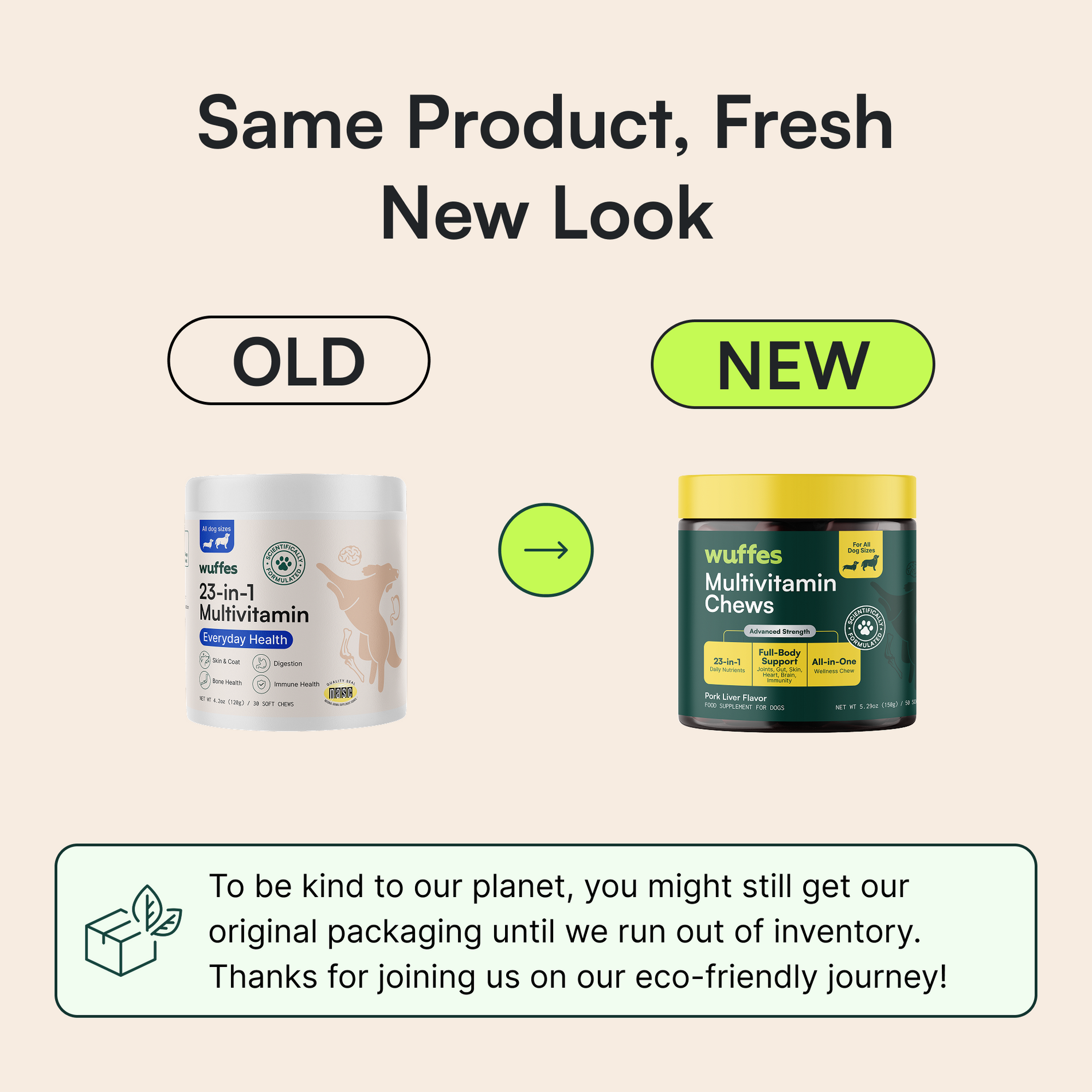 Comparison of old and new dog multivitamin chew packaging with eco-friendly inventory note