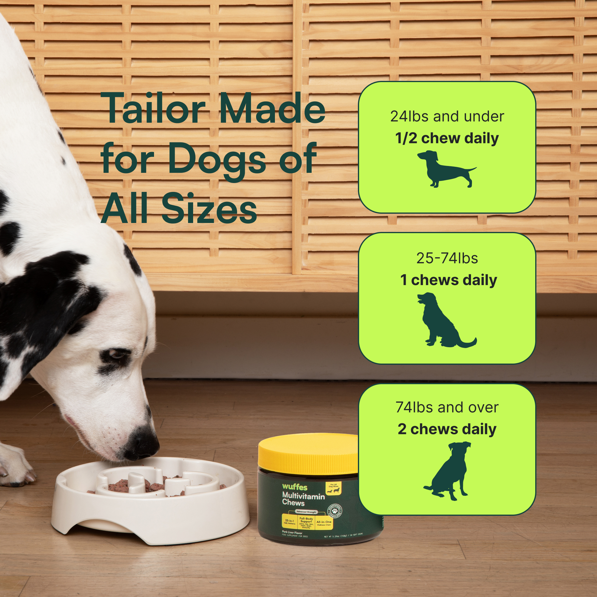 Dog sniffing treat dispensing bowl with multivitamin chews and daily dosage instructions by weight