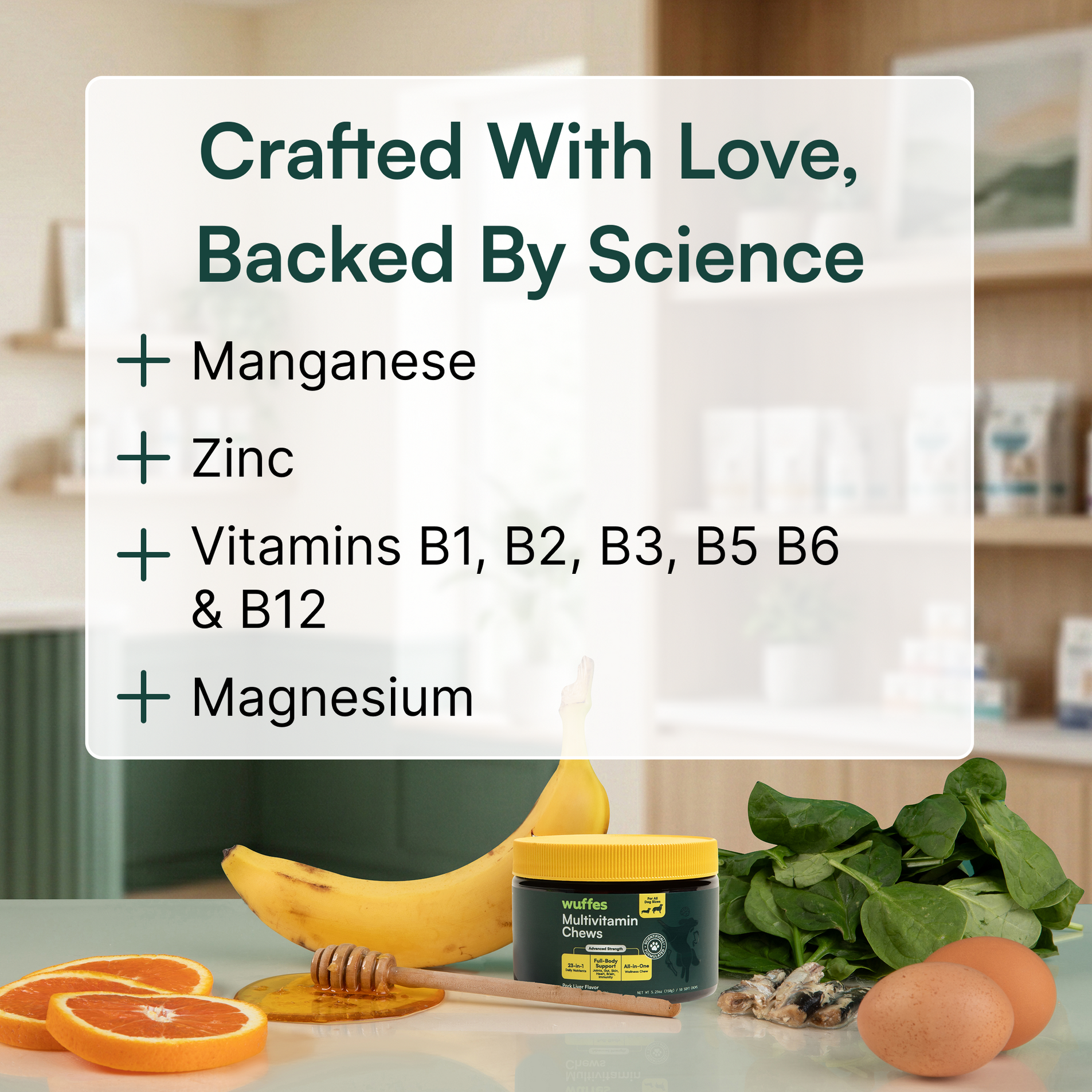 Jar of multivitamin chews surrounded by fresh fruits, spinach, an egg, and honey with text.
