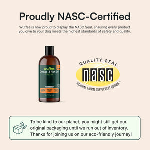 Wuffes omega-3 fish oil bottle next to NASC quality seal and eco-friendly packaging note
