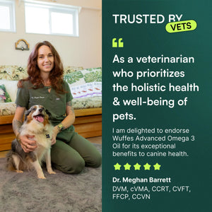 Veterinarian sitting with a happy dog beside a testimonial endorsing omega-3 for canine health