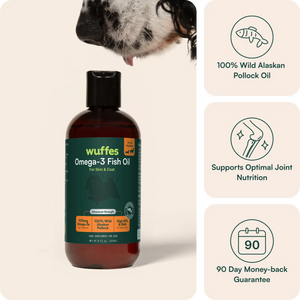 Bottle of Wuffes Omega-3 fish oil for dogs with dog nose above and benefit icons on right