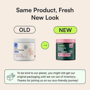 Comparison of old and new packaging for daily dog probiotic chews with eco-friendly message