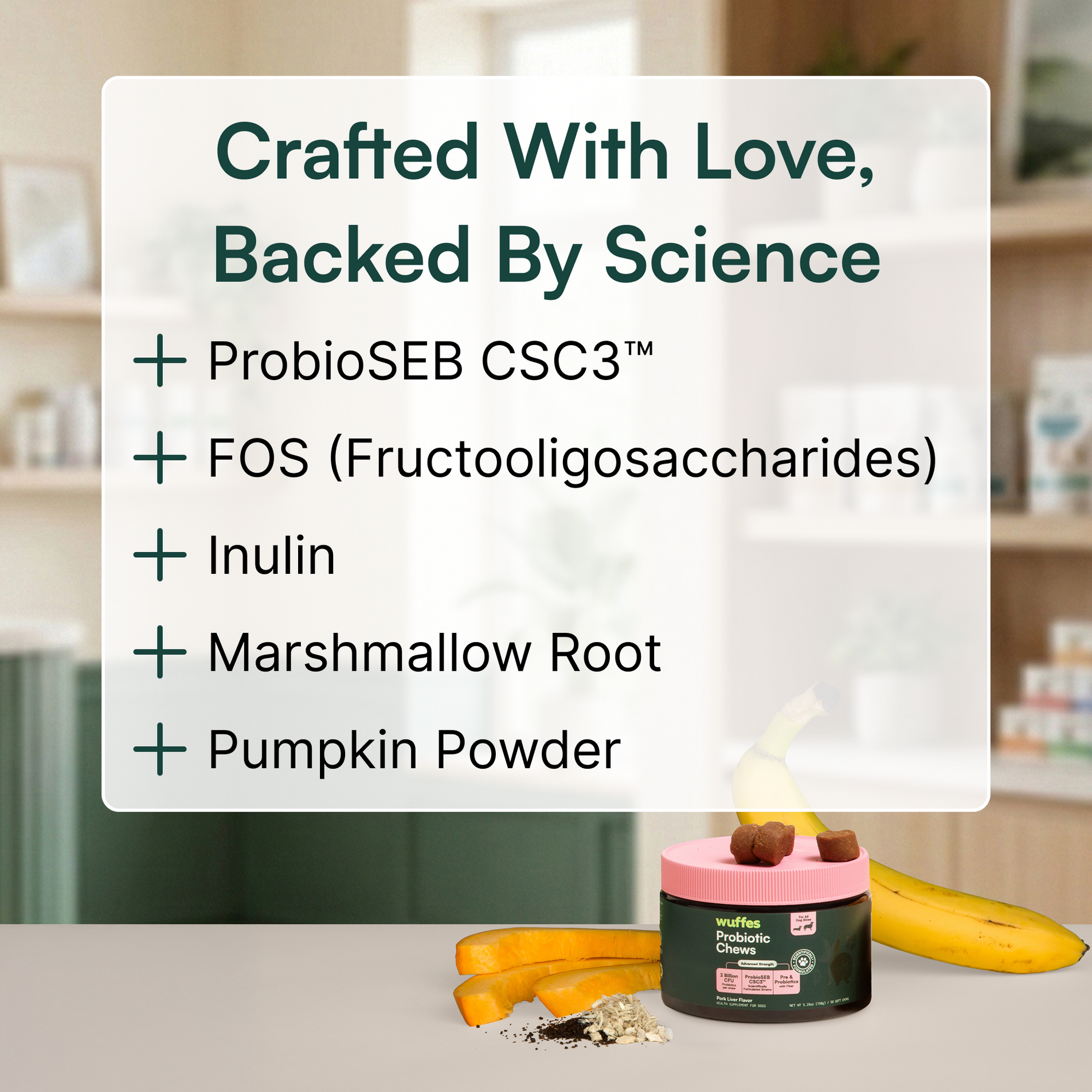 List of natural ingredients including ProbioSEB CSC3, FOS, inulin, marshmallow root, and pumpkin powder