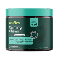 Dark green container labeled calming chews for dogs with advanced strength and fast action text