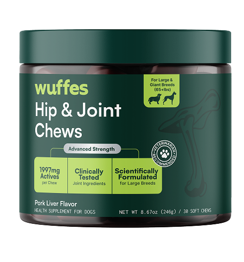 Container of hip and joint chews for large dogs with clinical and scientific claims.