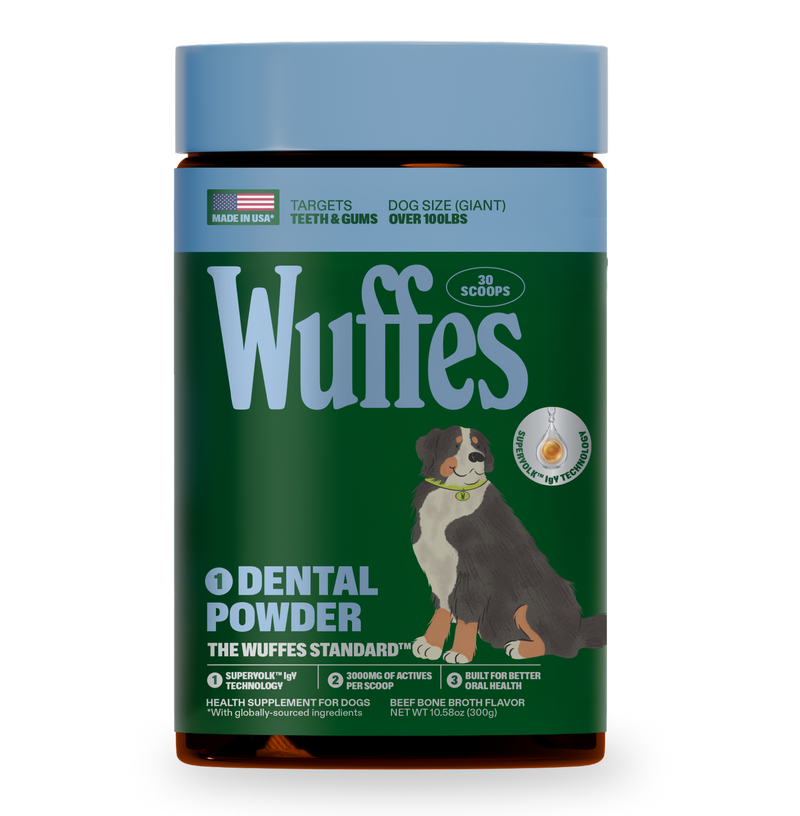 Container of dental powder supplement for large dogs to improve oral health and gums