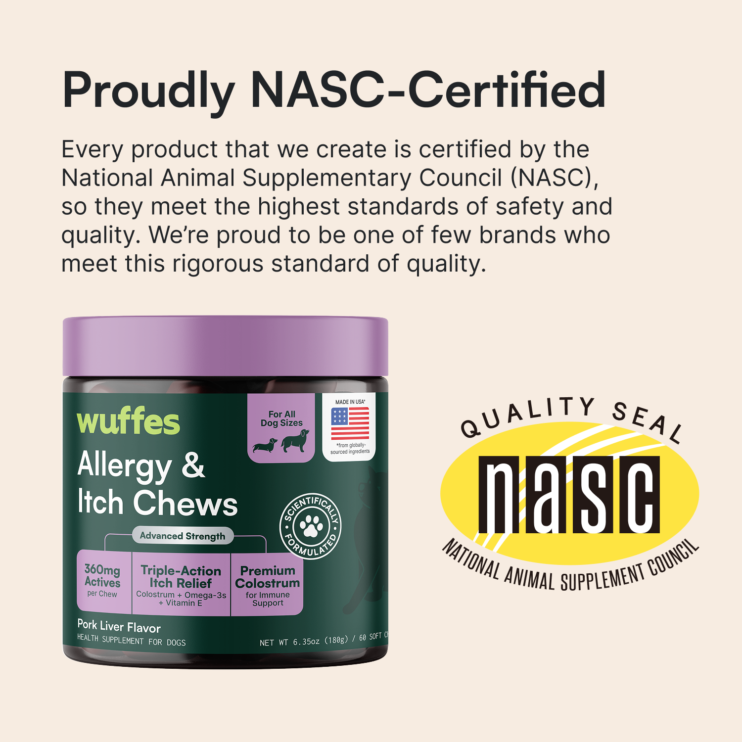 Container of Wuffes Allergy and Itch Chews with NASC certification and quality seal logo.