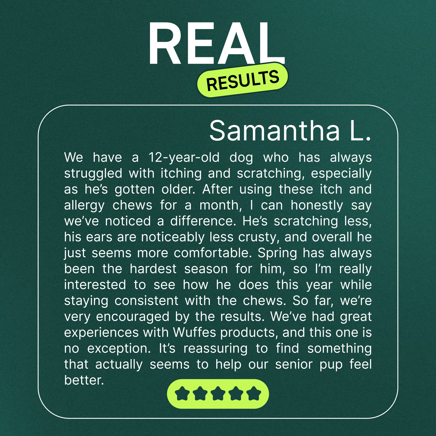 Customer review about itch and allergy chews improving a senior dog's comfort and skin condition.