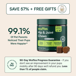 Container of Wuffles hip and joint chews for dogs with product claims and a 90-day guarantee text.