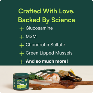 Label listing key natural ingredients next to dog hip and joint chews container with fresh food items