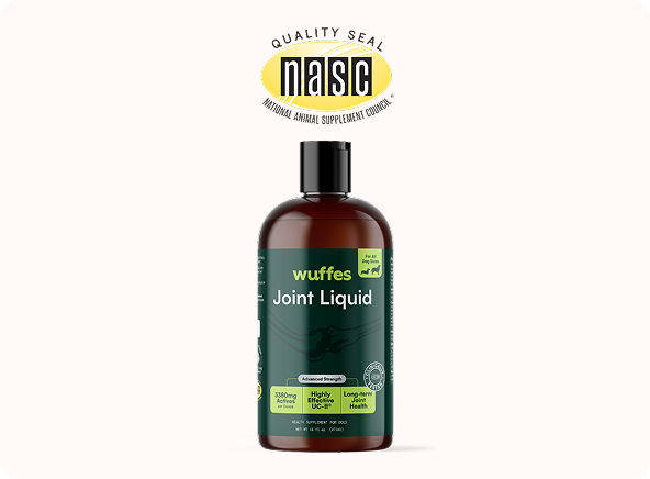 Bottle of Wuffes Joint Liquid supplement with NASC quality seal logo above.