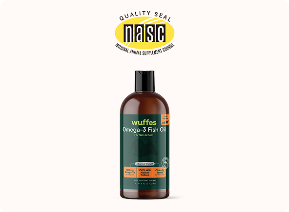 Bottle of wuffes Omega-3 fish oil for skin and coat with National Animal Supplement Council quality seal above