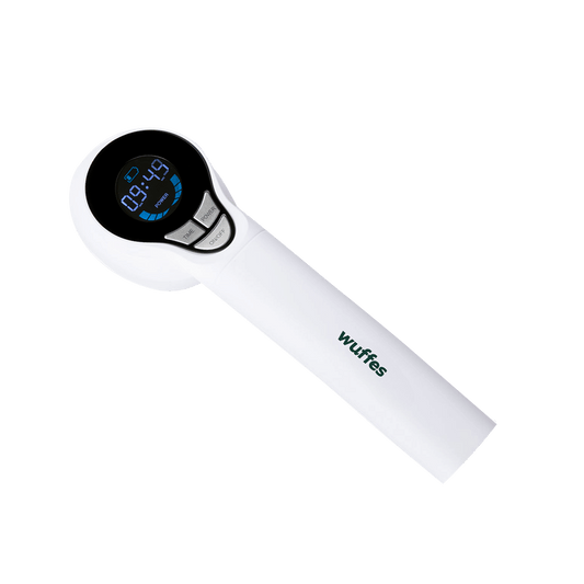 White handheld device with digital display and control buttons labeled time and mode, branded Wuffes